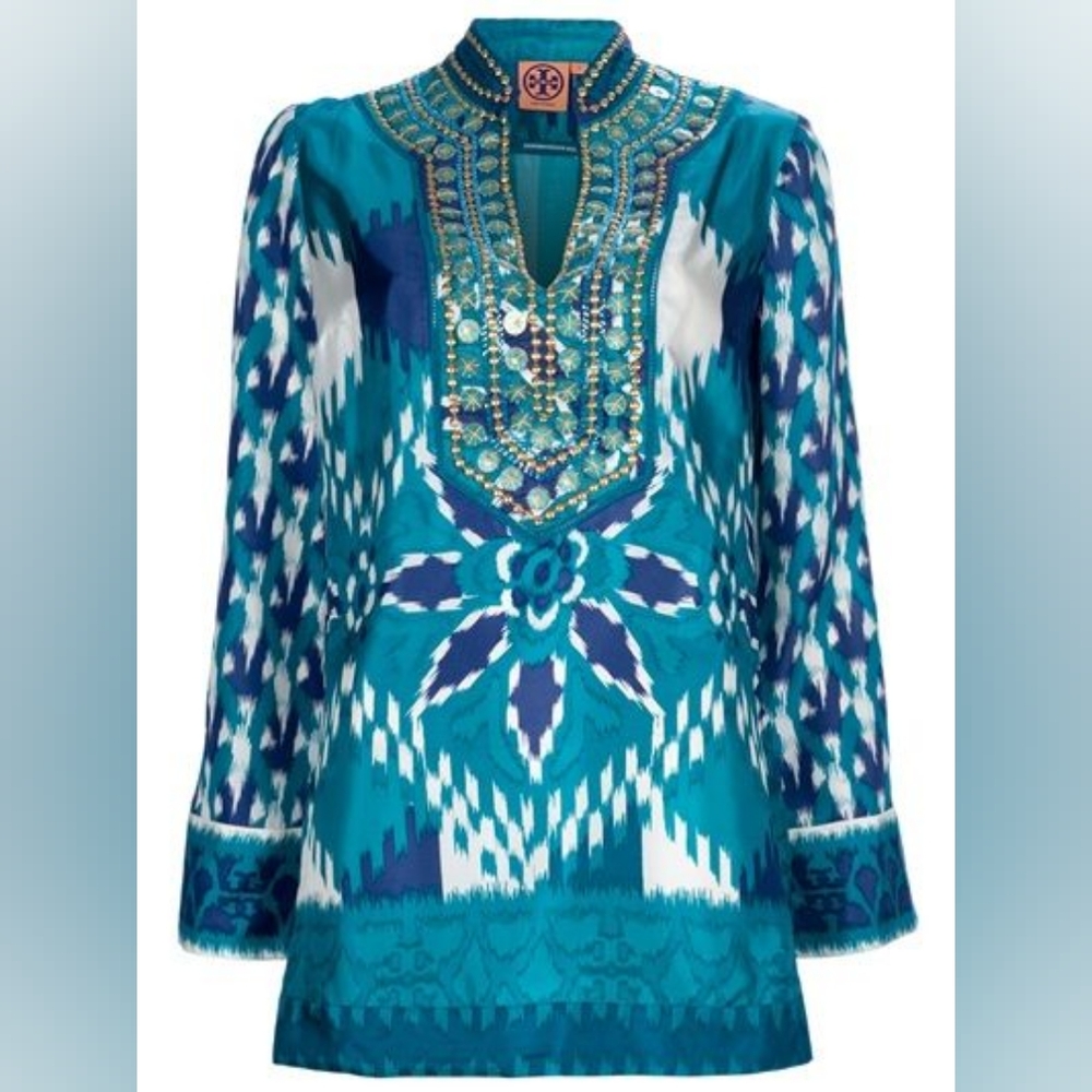 Tory Burch "Night Sky" Ikat Pattern Embellished 100% Silk Kaftan Tunic - Size 8